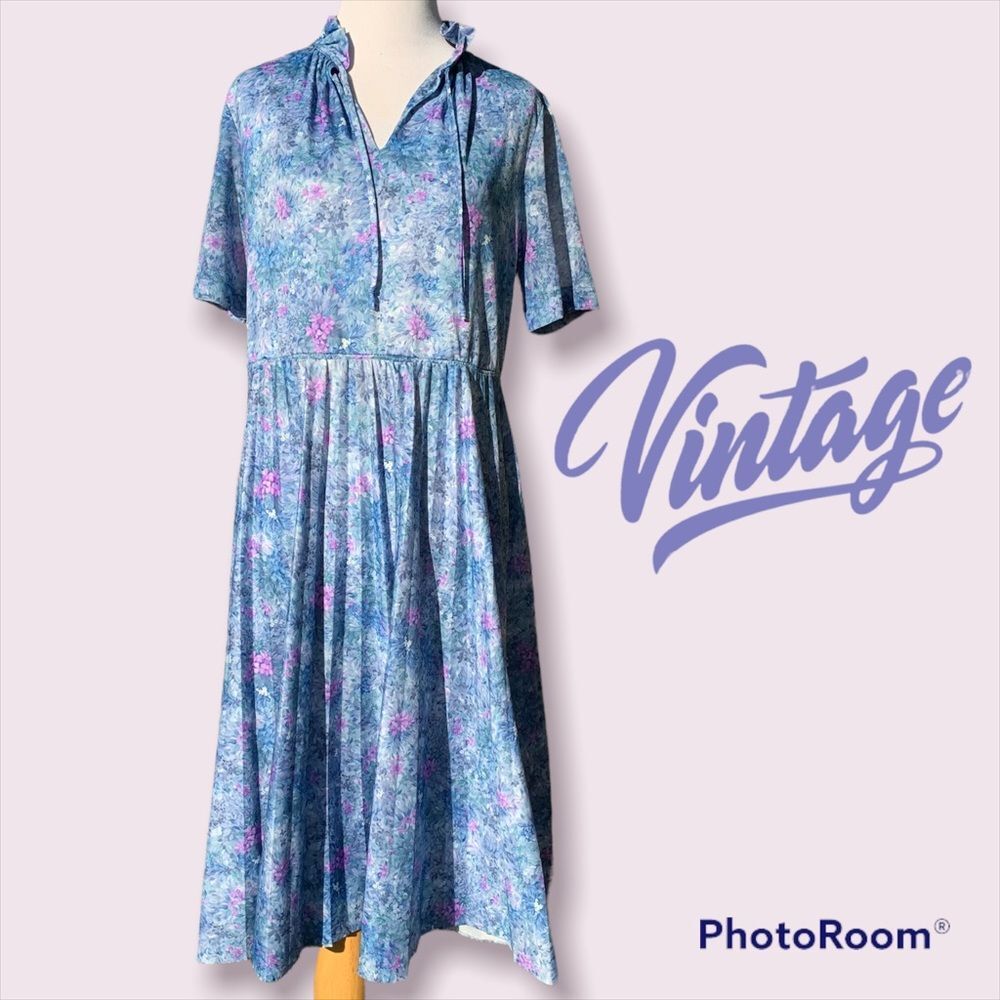 Vintage Floral Short Sleeve Dress Purple & Blue S-L?